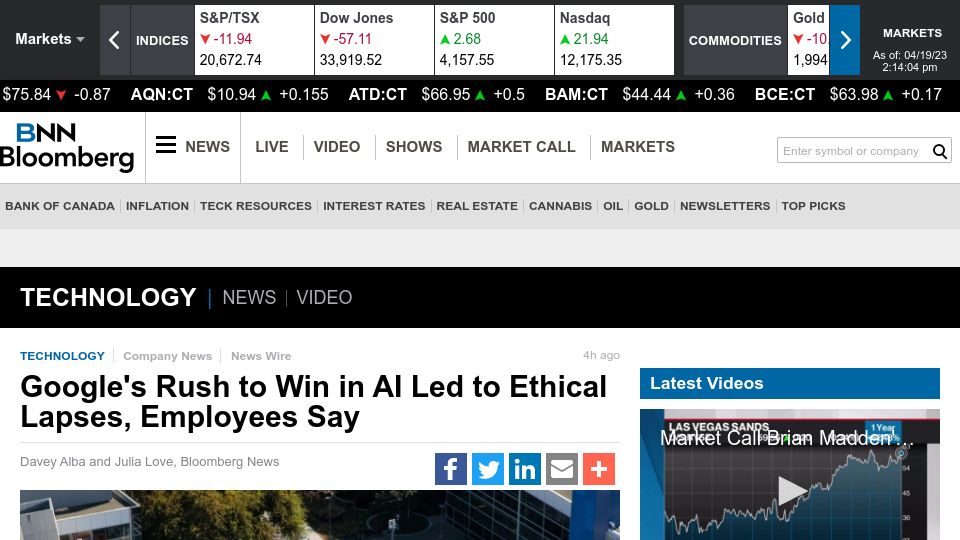 Screenshot of bnnbloomberg.ca: Google's Rush to Win in AI Led to Ethical Lapses, Employees Say