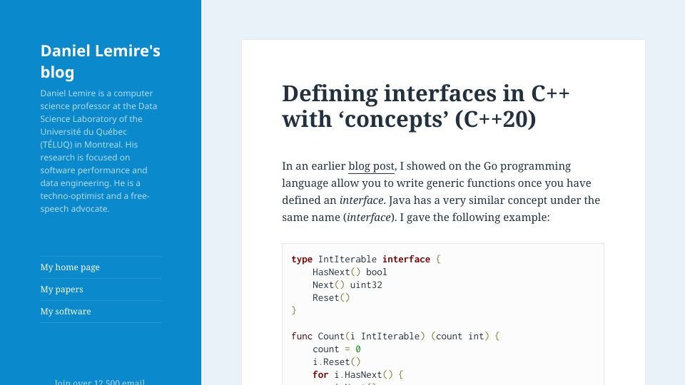 Screenshot of lemire.me: Defining interfaces in C++ with ‘concepts’ (C++20)