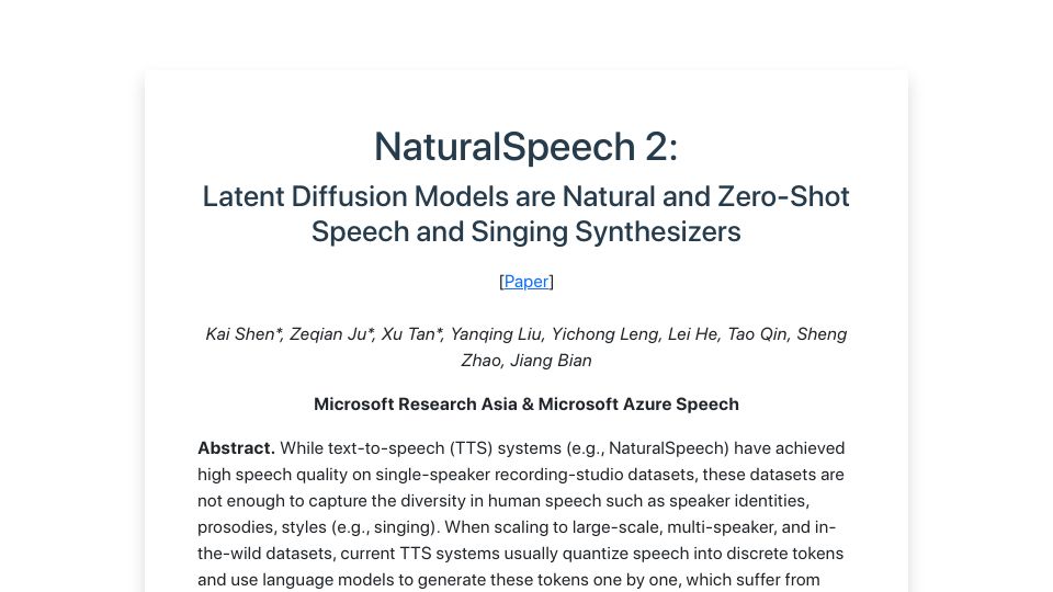 Screenshot of speechresearch.github.io: NaturalSpeech 2: Zero-shot speech and singing synthesizers