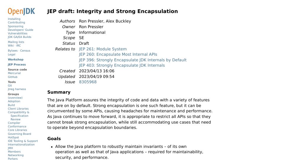 Screenshot of openjdk.org: JEP Draft: Integrity and Strong Encapsulation