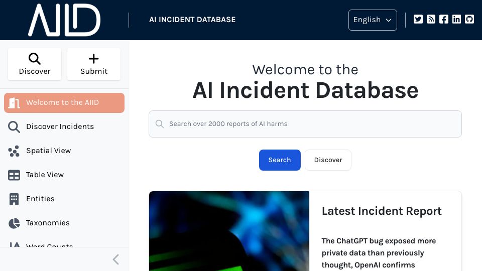 Screenshot of incidentdatabase.ai: AI Incident Database