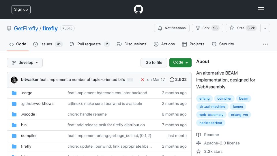 Screenshot of github.com: Firefly – A new compiler and runtime for BEAM languages