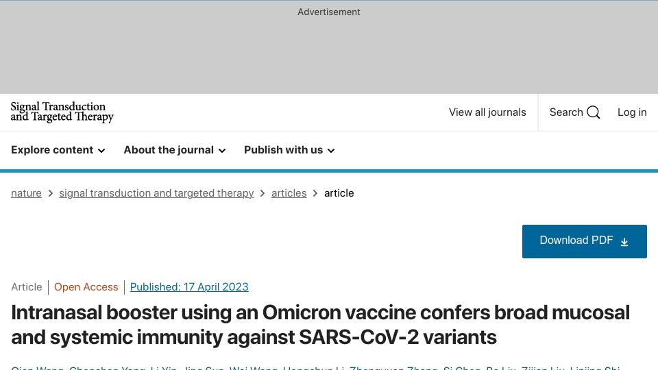 Screenshot of nature.com: Intranasal vaccine confers broad mucosal and systemic immunity against SARS-CoV2