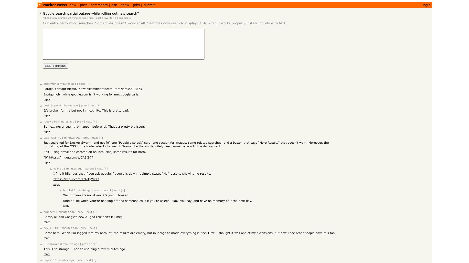 Screenshot of this Hacker News post: Tell HN: Google search partial outage while rolling out new search?