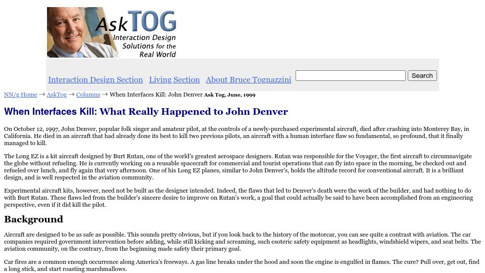 Screenshot of asktog.com: When Interfaces Kill: What Happened to John Denver (1999)
