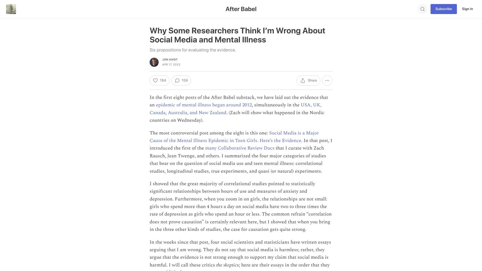 Screenshot of jonathanhaidt.substack.com: Why some researchers think I’m wrong about social media and mental illness
