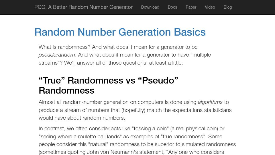 Screenshot of pcg-random.org: “True” Randomness vs. “Pseudo” Randomness