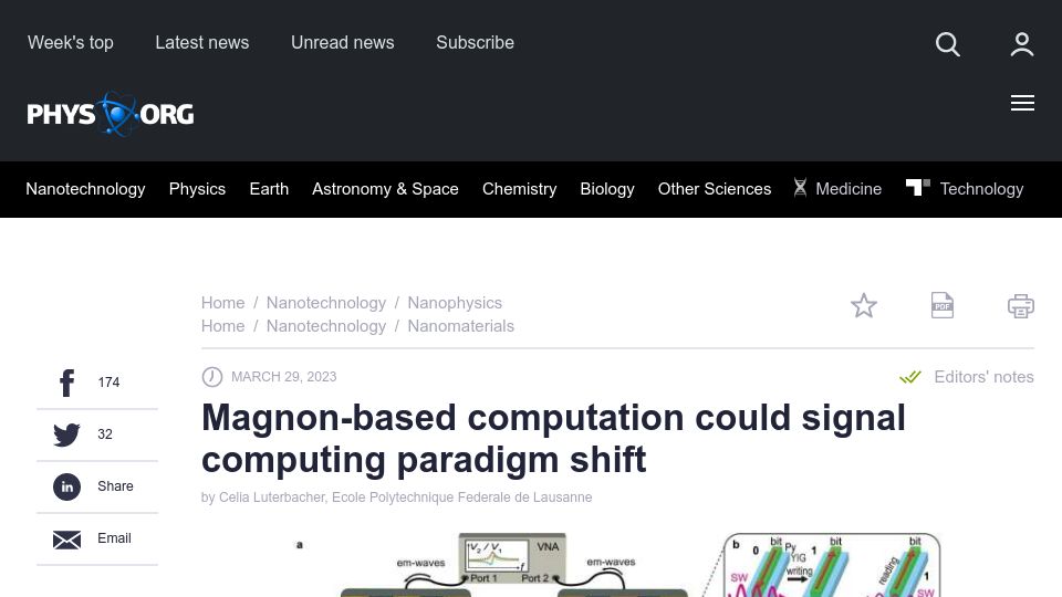 Screenshot of phys.org: Magnon-based computation could signal computing paradigm shift