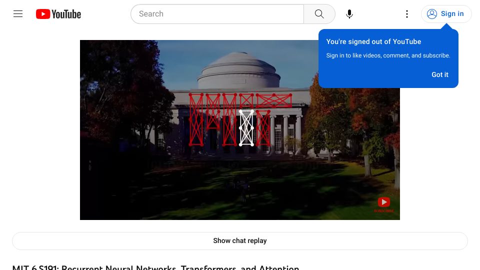 Screenshot of youtube.com: MIT 6.S191: Recurrent Neural Networks, Transformers, and Attention [video]