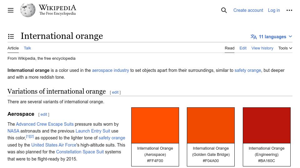 Screenshot of en.wikipedia.org: International Orange
