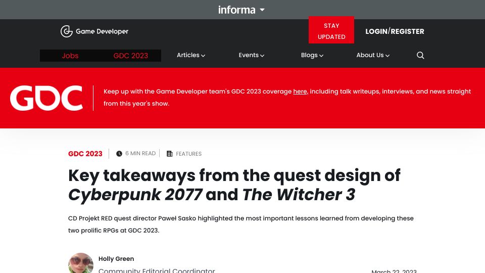 Screenshot of gamedeveloper.com: Key takeaways from the quest design of Cyberpunk 2077 and The Witcher 3