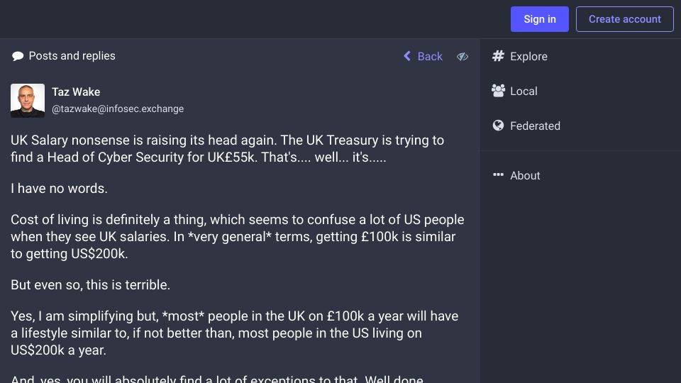 Screenshot of infosec.exchange: UK Treasury trying to find a Head of Cyber Security for £55k