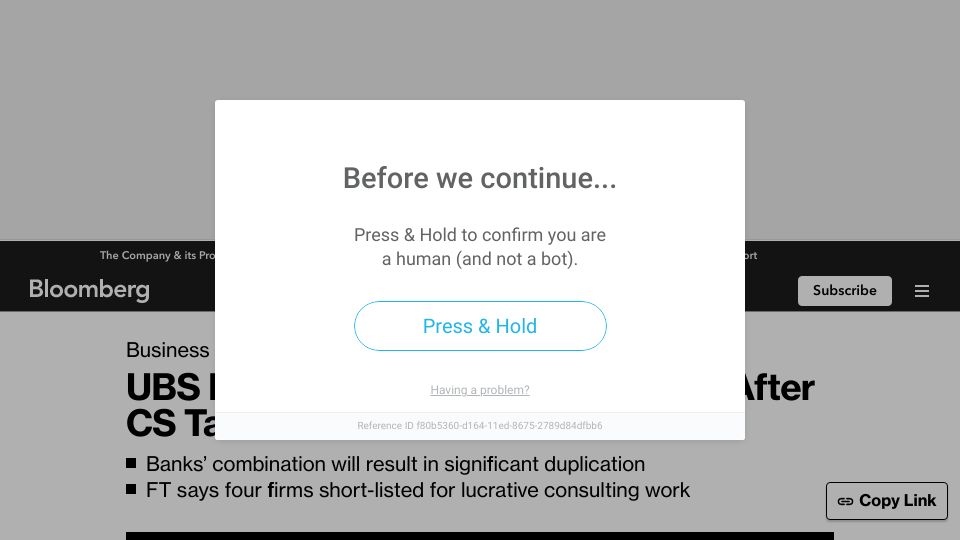Screenshot of bloomberg.com: UBS May Cut Workforce by 20-30% After Credit Suisse Takeover