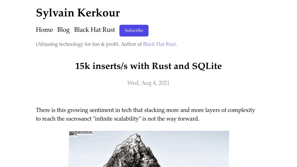 Screenshot of kerkour.com: 15k inserts/s with Rust and SQLite (2021)