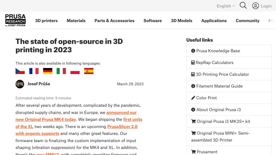 Screenshot of blog.prusa3d.com: The state of open-source in 3D printing in 2023