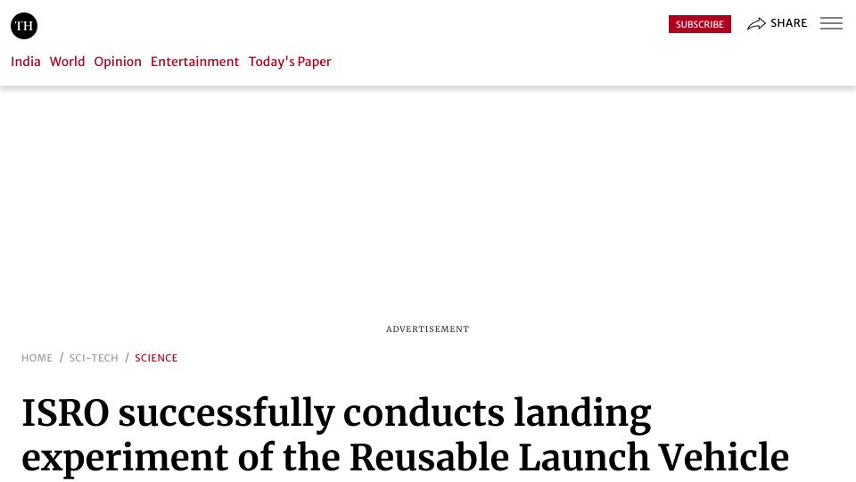 Screenshot of thehindu.com: ISRO successfully conducts landing experiment of the Reusable Launch Vehicle