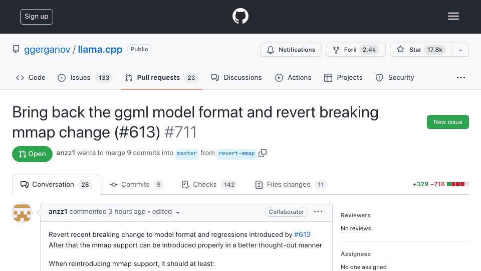 Screenshot of github.com: Revert for jart’s llama.cpp MMAP miracles