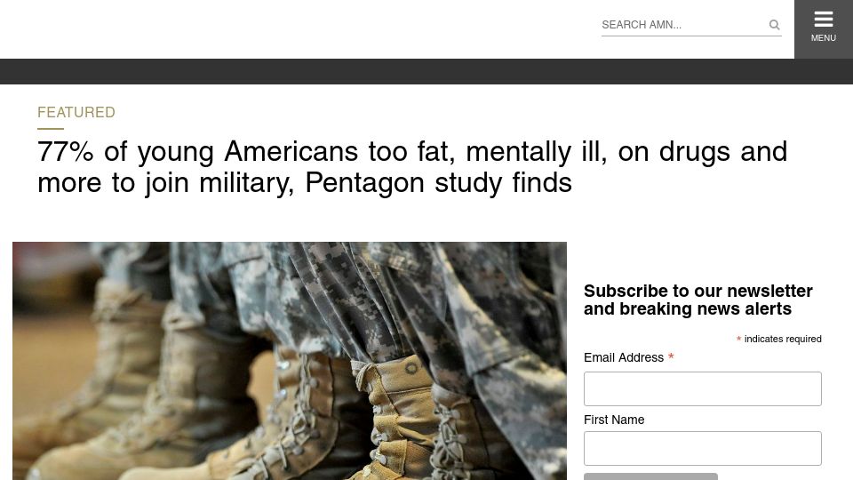 Screenshot of americanmilitarynews.com: Study: 77% of young Americans too fat, mentally ill, on drugs to join military