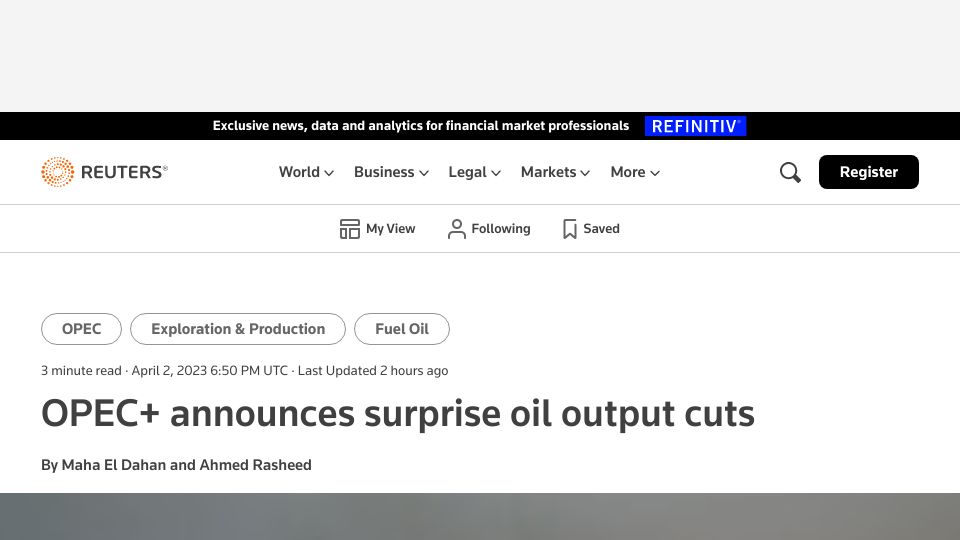Screenshot of reuters.com: OPEC+ announces surprise oil output cuts