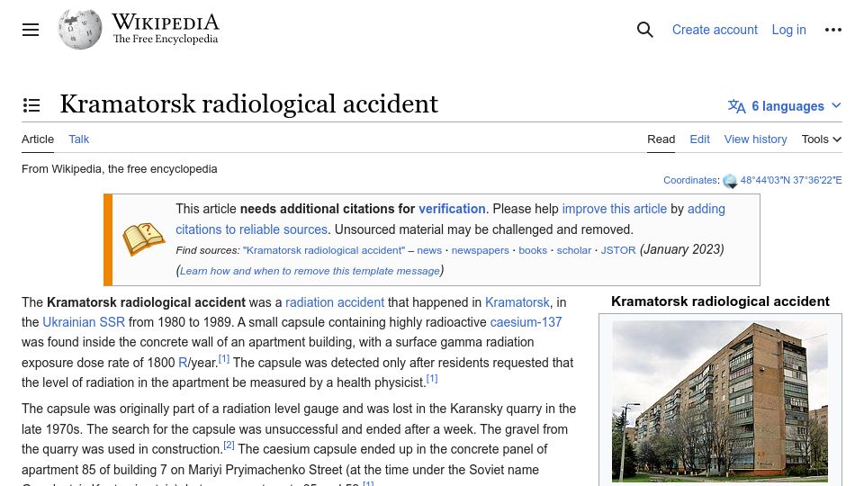 Screenshot of en.wikipedia.org: Kramatorsk Radiological Accident