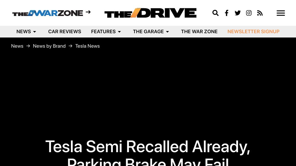 Screenshot of thedrive.com: Tesla Semi Recalled Already, Parking Brake May Fail