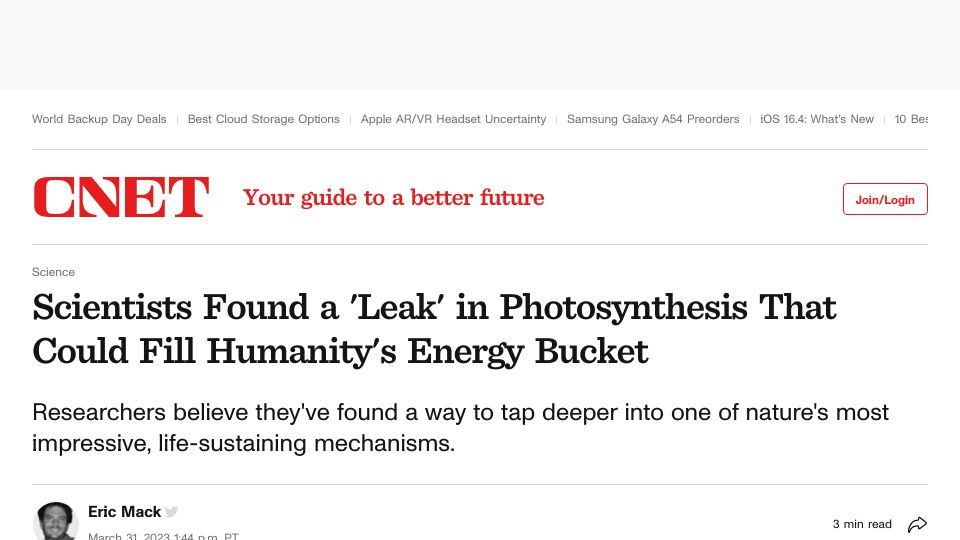 Screenshot of cnet.com: Scientists found a 'leak' in photosynthesis that could be tapped into energy