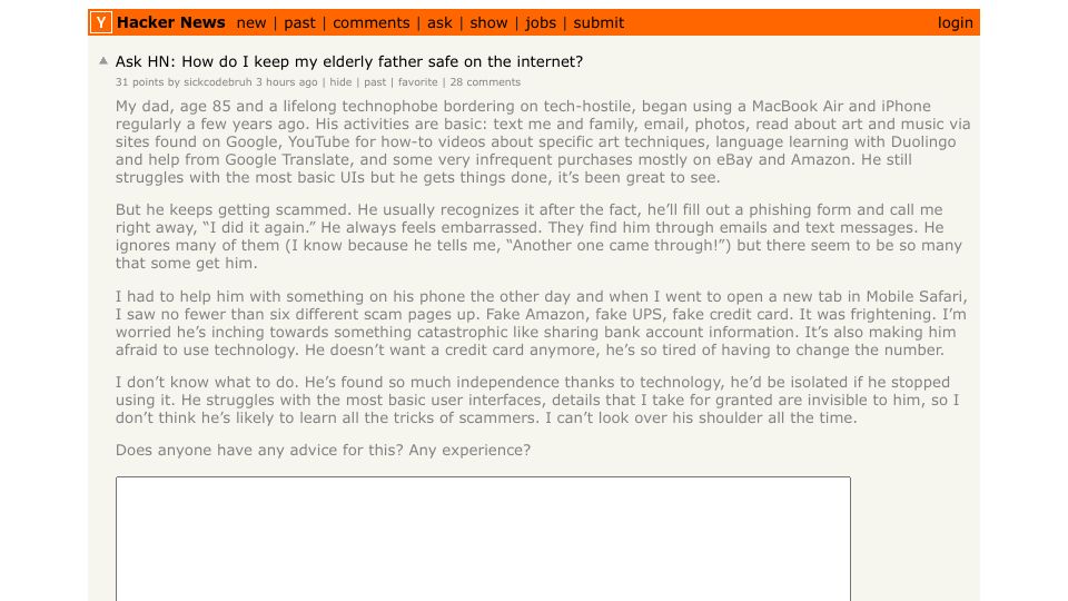 Screenshot of Hacker News post: Ask HN: How do I keep my elderly father safe on the internet?