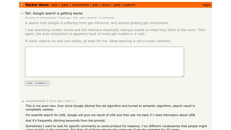 Screenshot of Hacker News post: Tell: Google search is getting worse