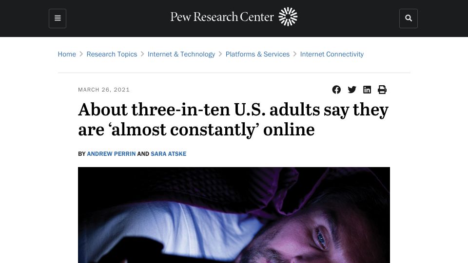 Screenshot of pewresearch.org: About three-in-ten U.S. adults say they are ‘almost constantly’ online (2021)