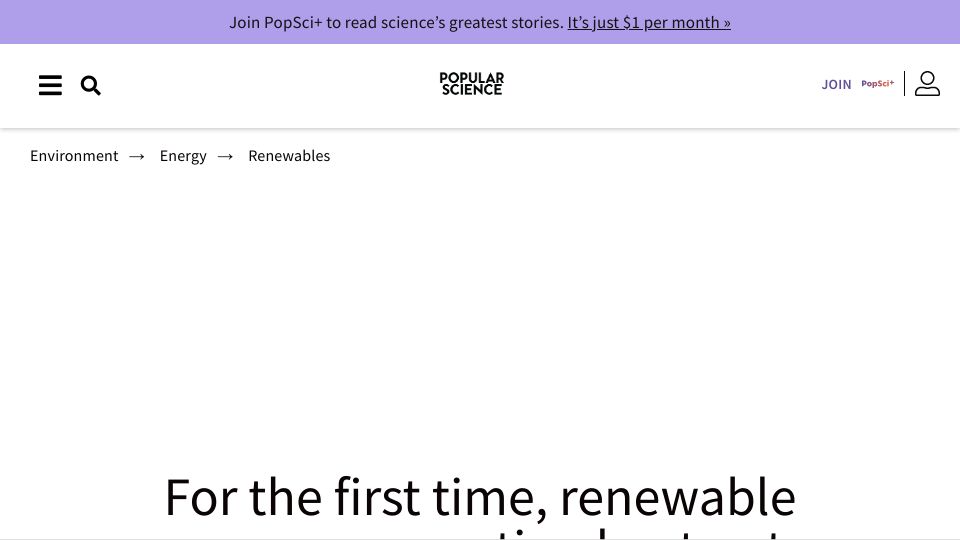 Screenshot of popsci.com: For the first time, renewable energy generation beat out coal in the US