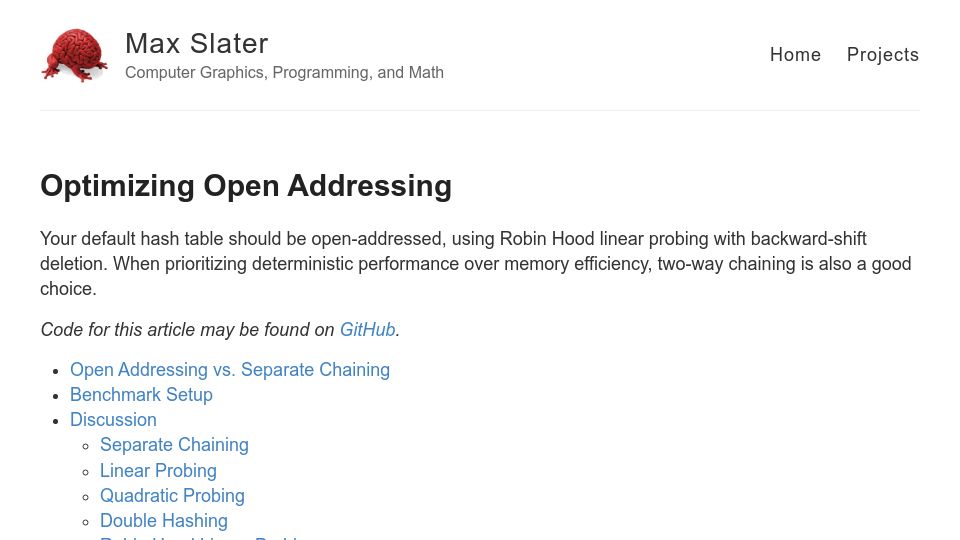 Screenshot of thenumb.at: Optimizing Open Addressing