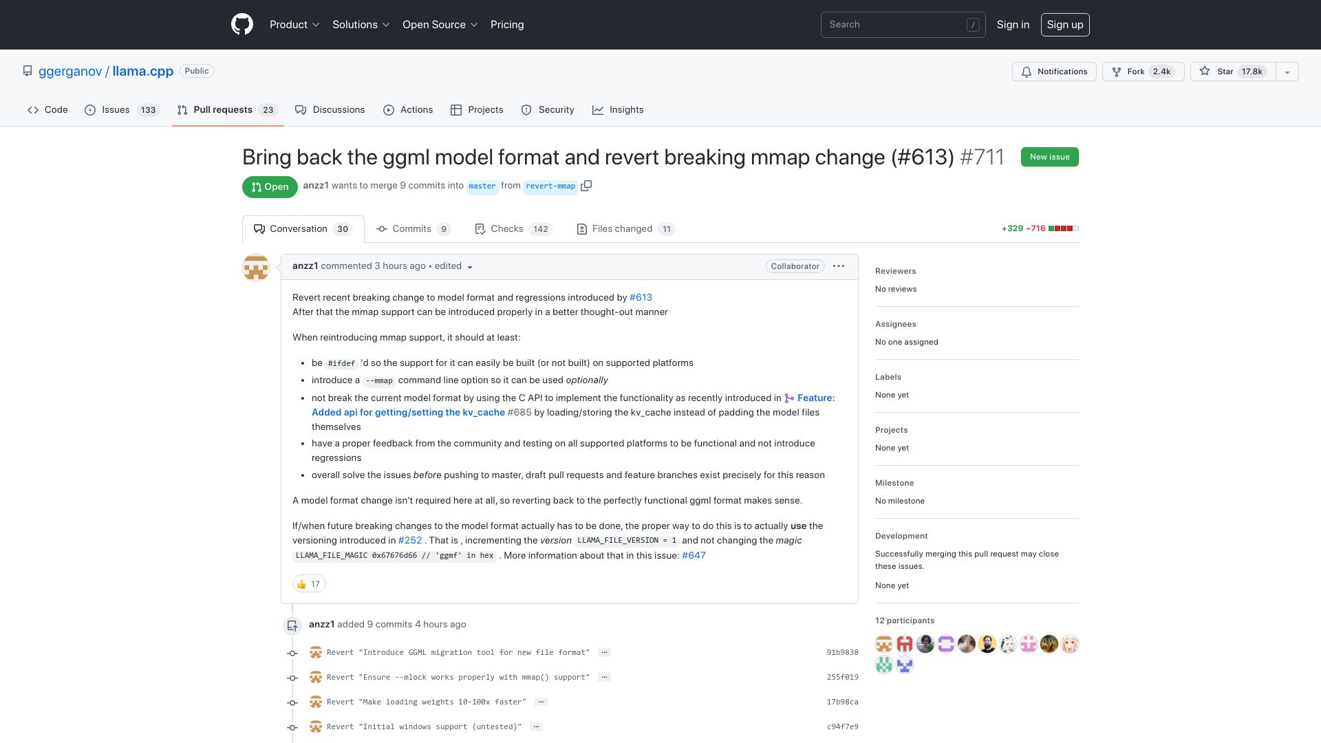 Screenshot of github.com: Revert for jart’s llama.cpp MMAP miracles