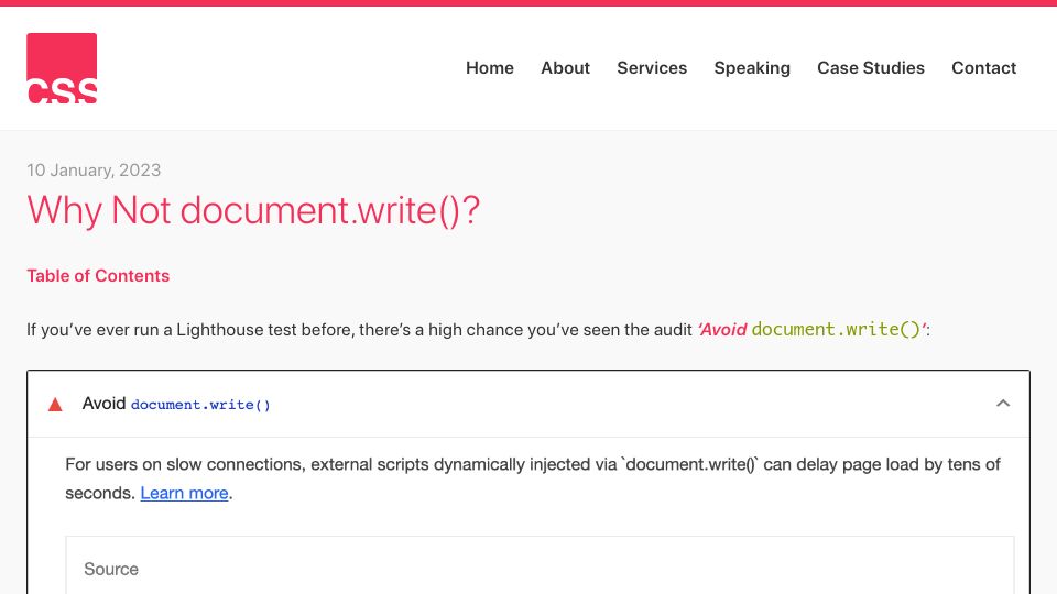 Screenshot of csswizardry.com: Why Not document.write()?