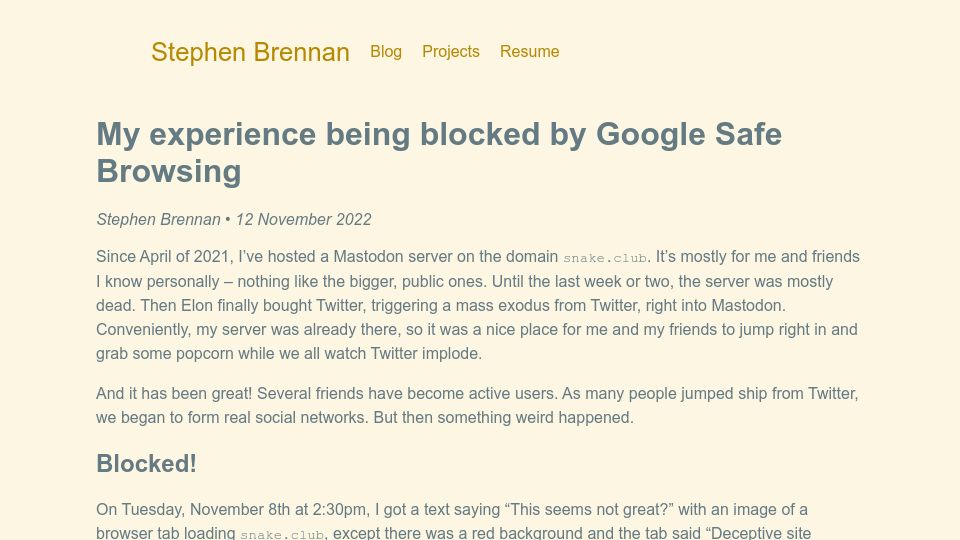 Screenshot of brennan.io: My experience being blocked by Google Safe Browsing (2022)