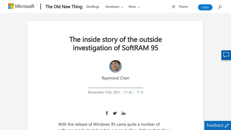 Screenshot of devblogs.microsoft.com: The outside investigation of SoftRAM 95 (2021)