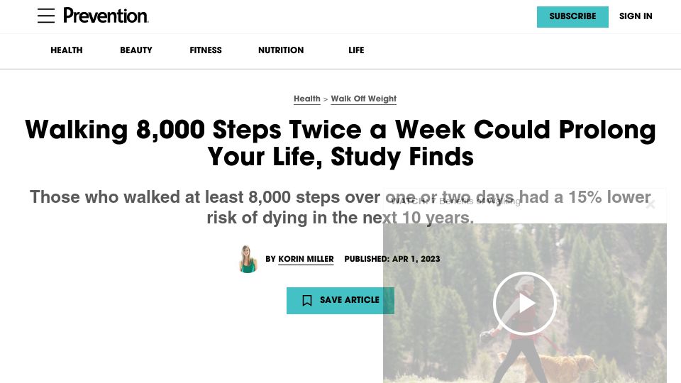 Screenshot of prevention.com: Walking 8k Steps Twice a Week Could Prolong Your Life, Study Finds