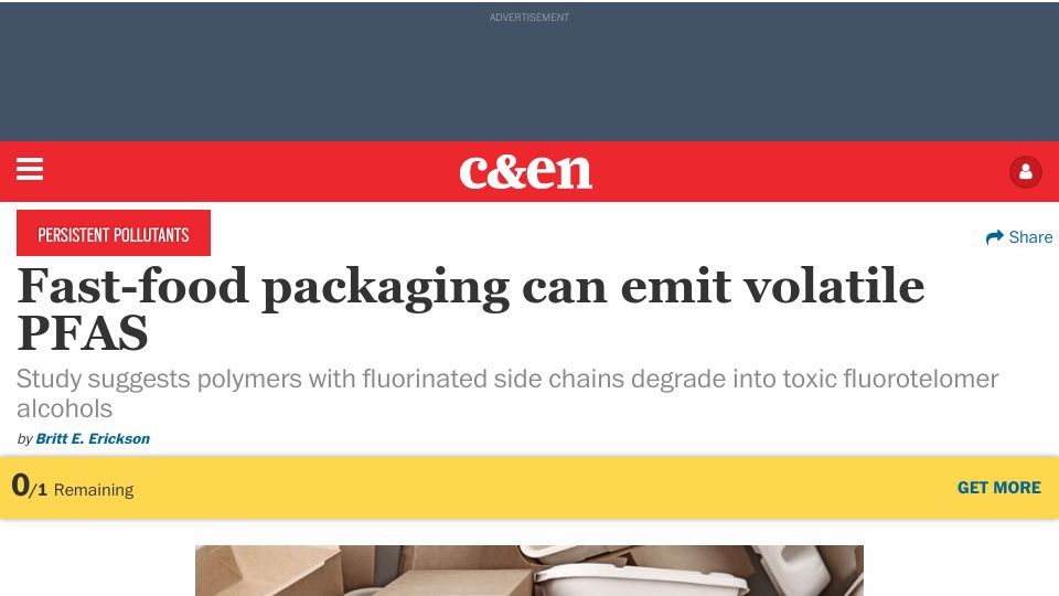 Screenshot of cen.acs.org: Compostable fast-food packaging can emit volatile PFAS