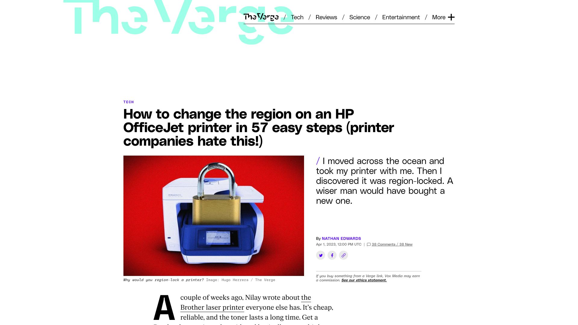 Screenshot of theverge.com: How to change the region on an HP OfficeJet printer in 57 easy steps