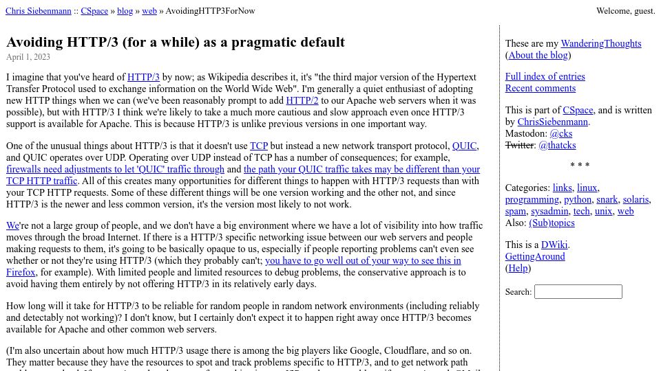 Screenshot of utcc.utoronto.ca: Avoiding HTTP/3 (for a while) as a pragmatic default
