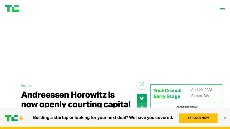 Screenshot of techcrunch.com: Andreessen Horowitz is now openly courting capital from Saudi Arabia