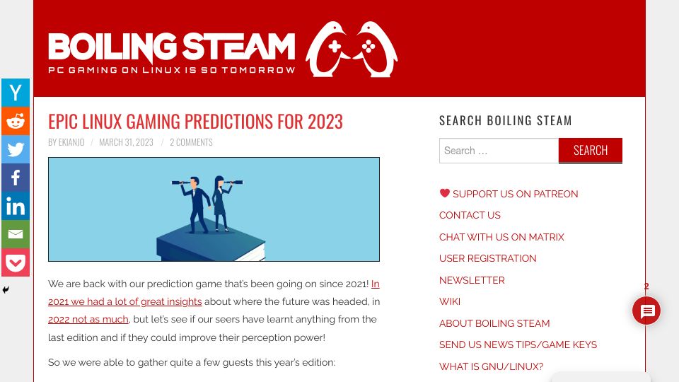 Screenshot of boilingsteam.com: Newest Linux Gaming Predictions for 2023