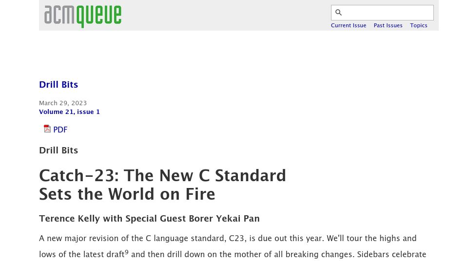 Screenshot of queue.acm.org: Catch-23: The New C Standard Sets the World on Fire