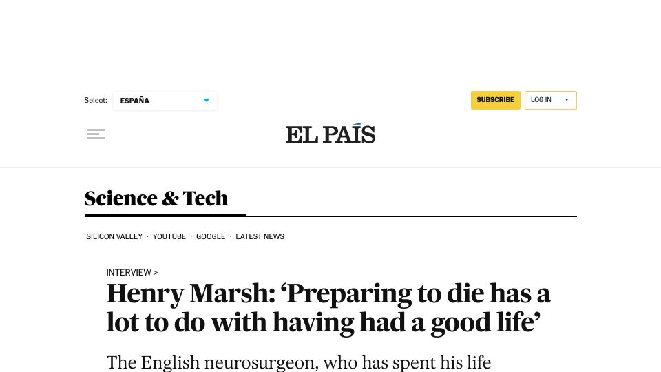 Screenshot of english.elpais.com: ‘Preparing to die has a lot to do with having had a good life’