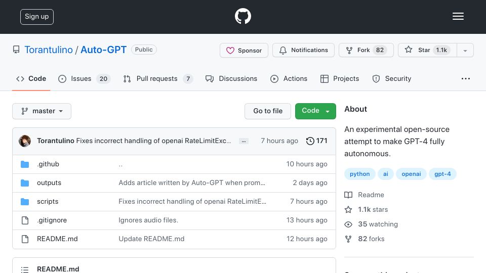 Screenshot of github.com: Auto-GPT: An Autonomous GPT-4 Experiment