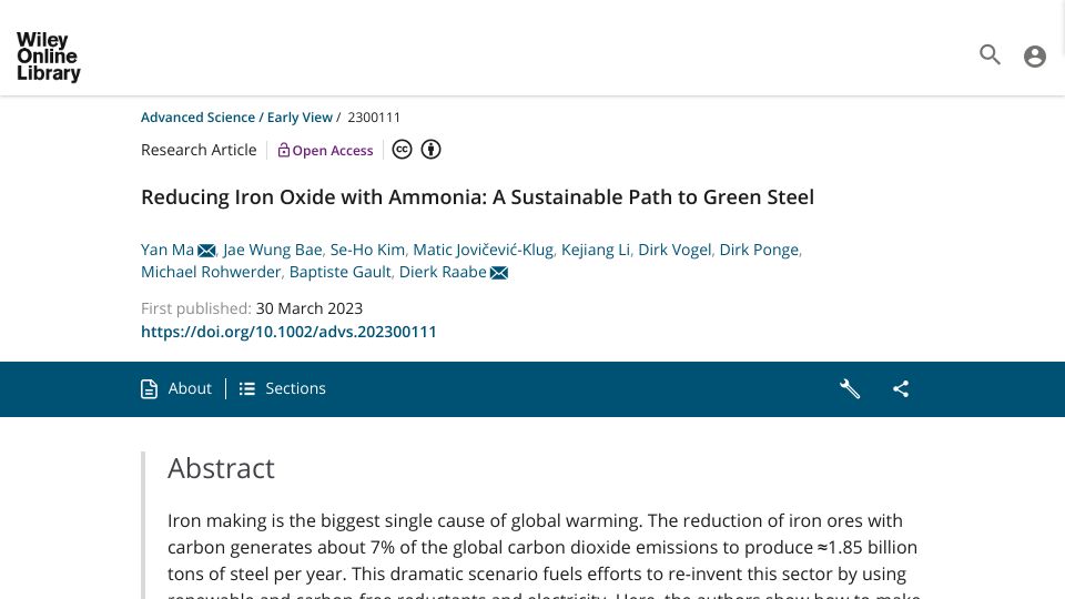 Screenshot of onlinelibrary.wiley.com: Reducing Iron Oxide with Ammonia: A Sustainable Path to Green Steel