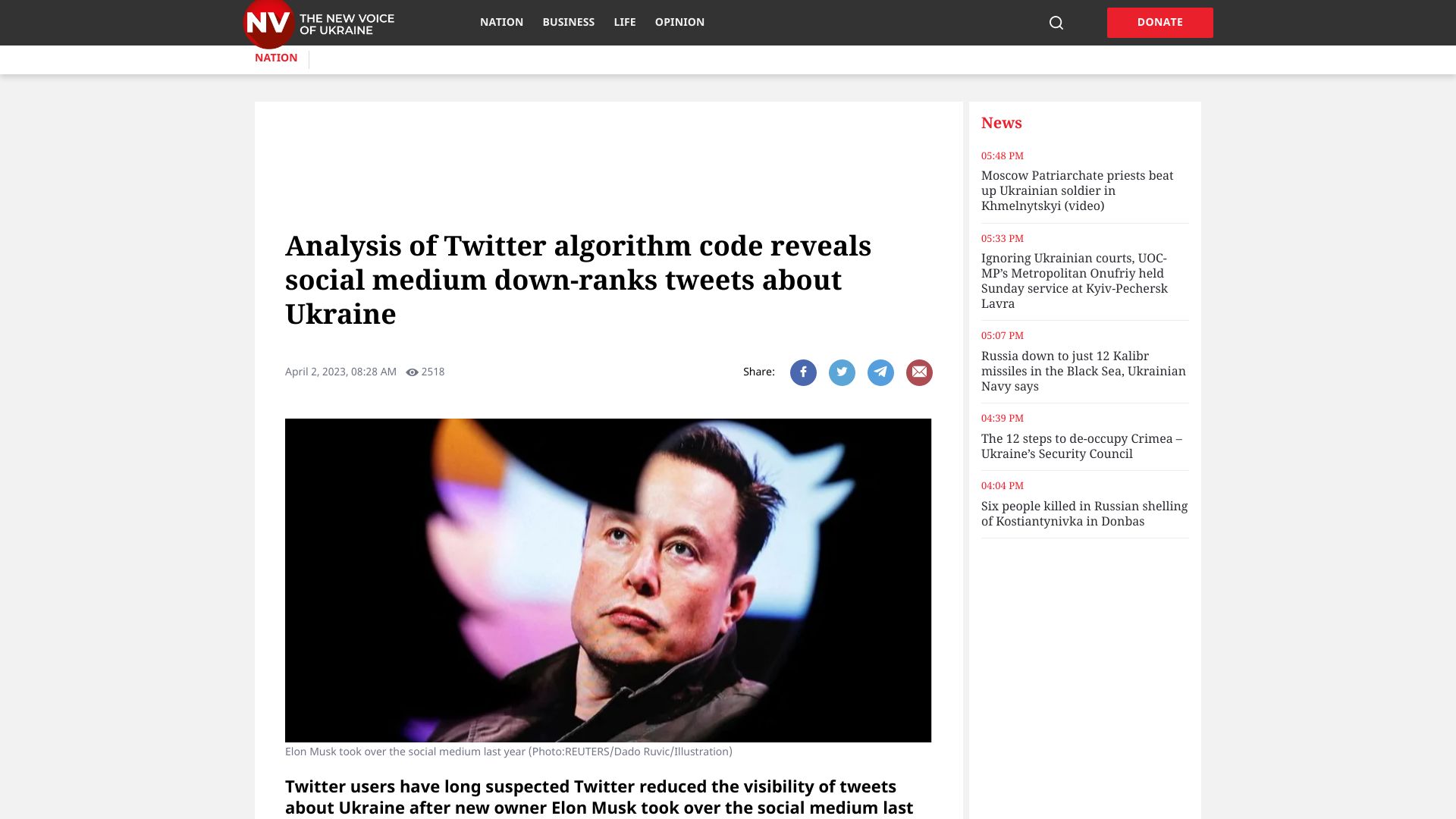 Screenshot of english.nv.ua: Analysis of Twitter algorithm reveals Twitter down-ranks tweets about Ukraine