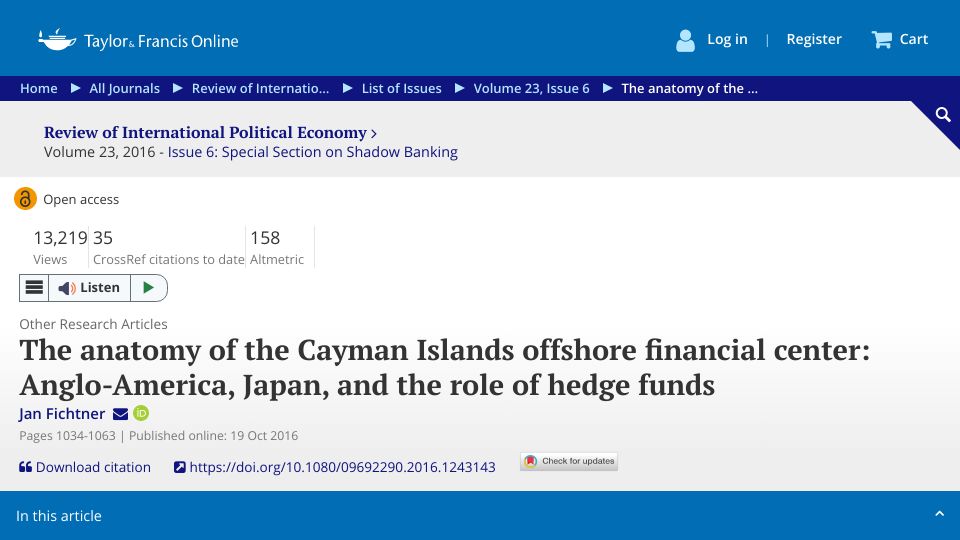 Screenshot of tandfonline.com: The anatomy of the Cayman Islands offshore financial center (2016)