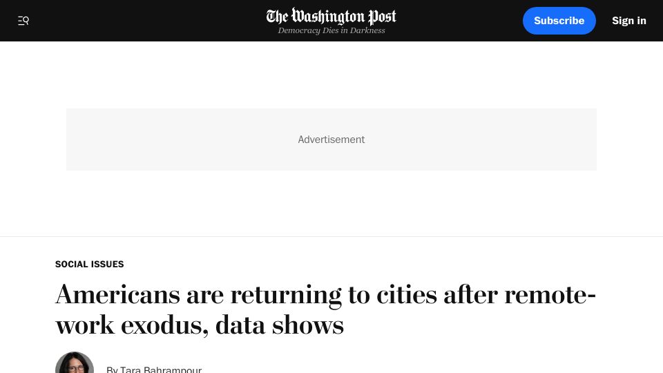 Screenshot of washingtonpost.com: Americans are returning to cities after remote-work exodus, data shows