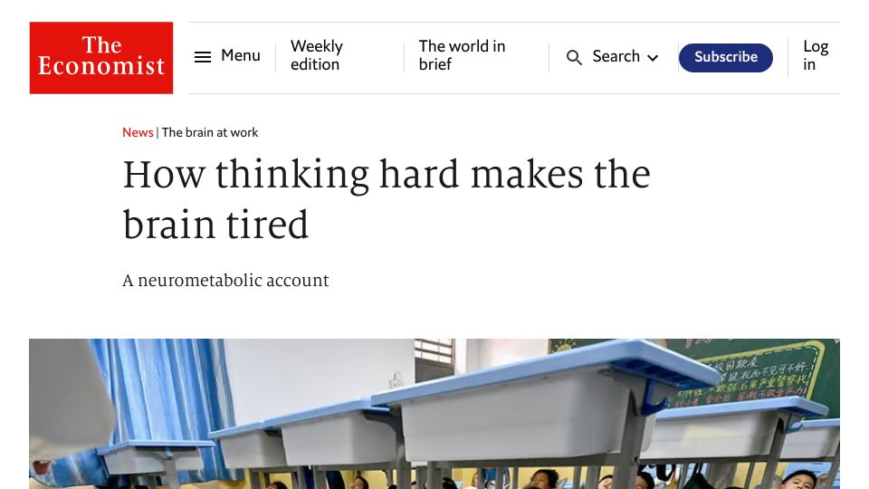 Screenshot of economist.com: Thinking hard makes the brain tired