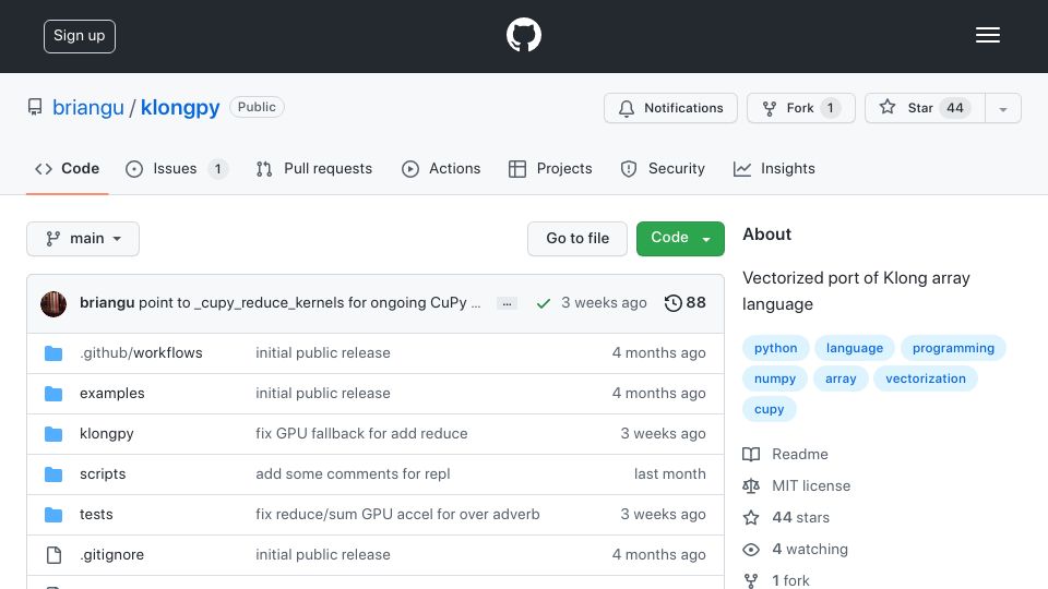 Screenshot of github.com: Vectorized port of Klong array language